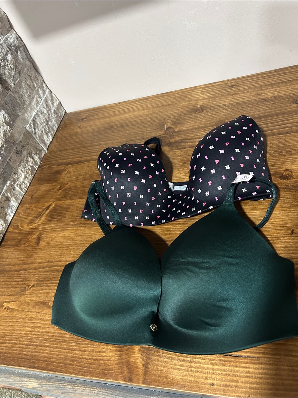 Set of 2 Victoria's Smooth Bras - Black & Pink Patterned - and green NWT 36D